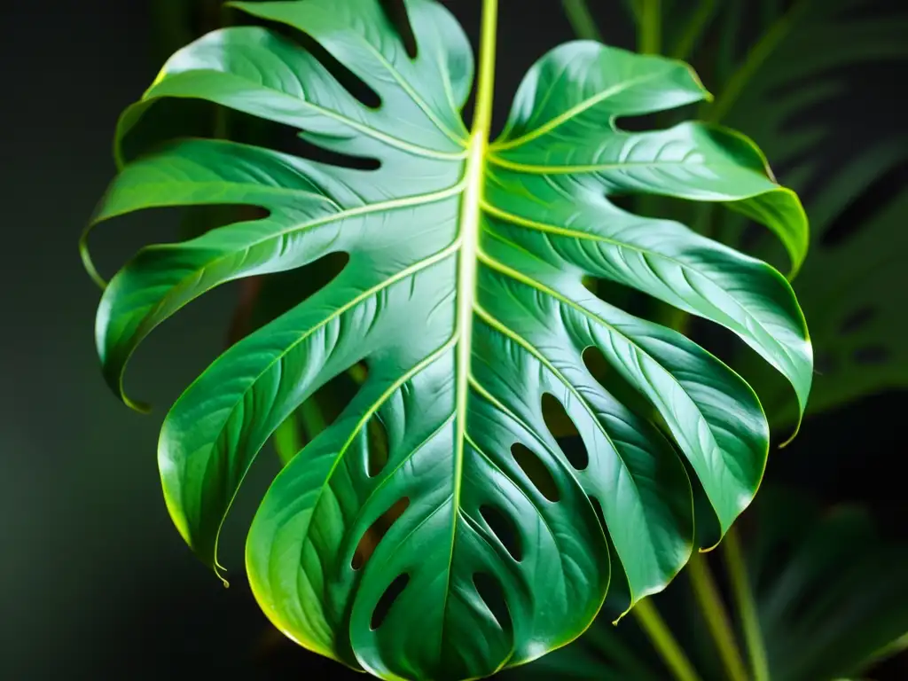 Una hoja de monstera deliciosa verde exuberante, con redes de venas detalladas y textura brillante