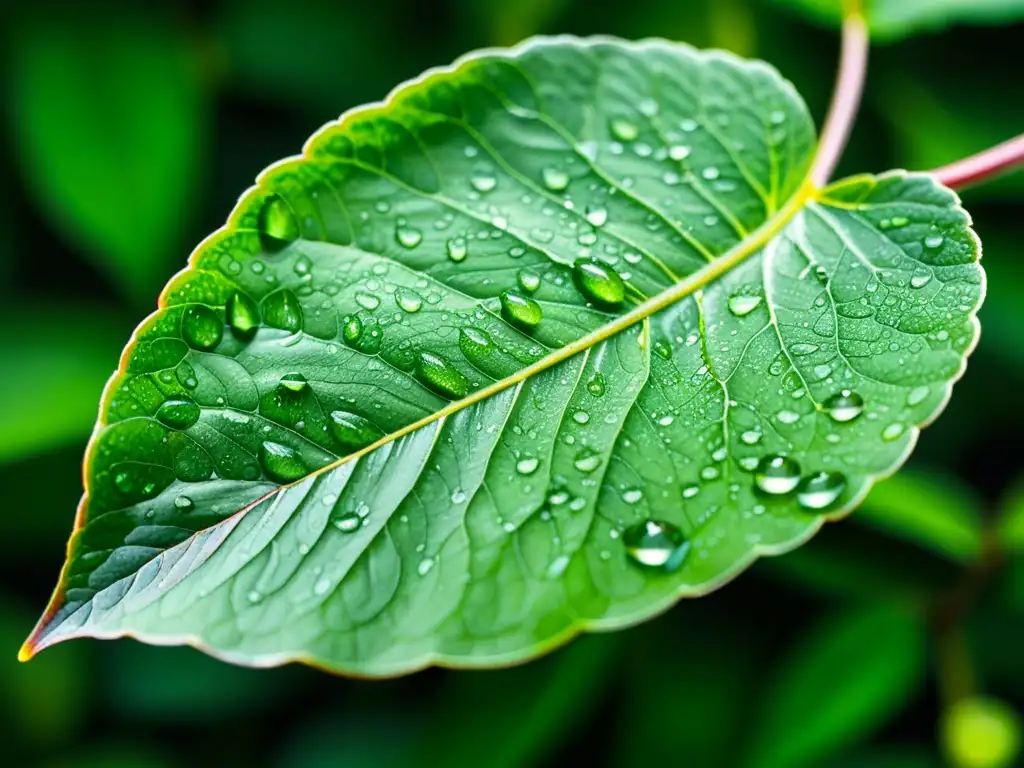 Una hoja de peperomia con gotas de agua, resalta su belleza natural y detalle