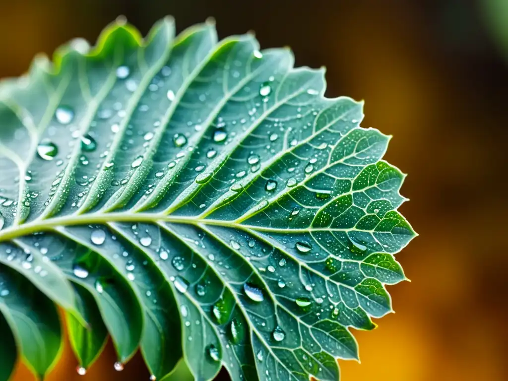 Una hoja de planta de interior cubierta de diminutas gotas de abono líquido, creando un efecto brillante