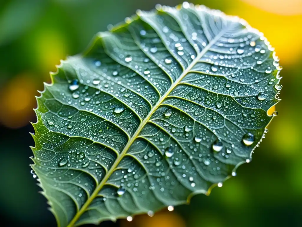 Una hoja de planta cubierta de rocío brillante con un suave resplandor matutino, creando un efecto rociada plantas interior mágico y fascinante