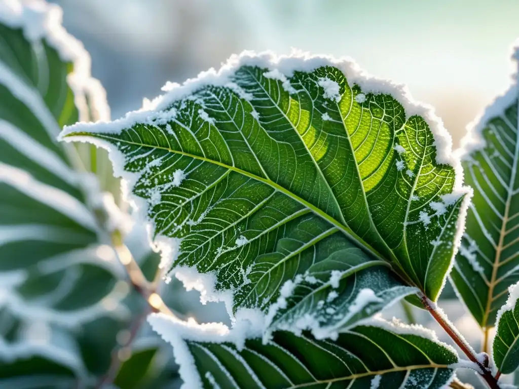 Hoja de planta exótica en clima frío, cubierta de escarcha, bajo cielo invernal