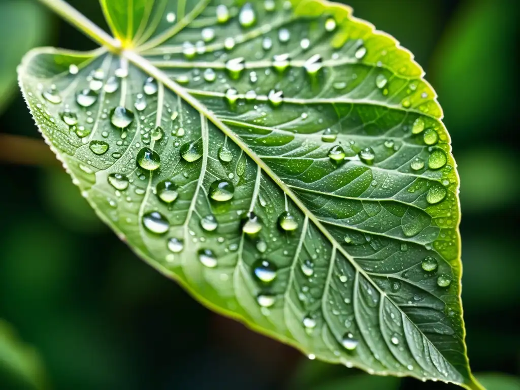 Una hoja de planta exuberante con delicadas gotas de rocío bajo la suave luz matutina, creando un efecto rociada plantas interior sereno y cautivador