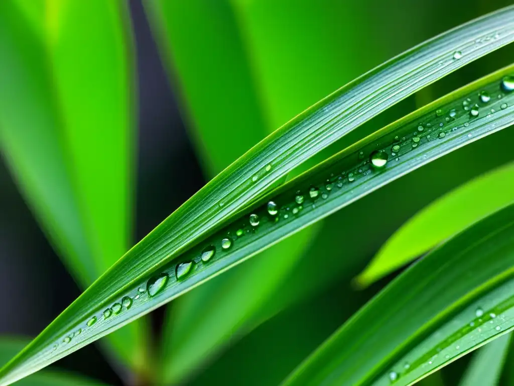 Hoja de planta araña con gotas de agua, reflejando la luz