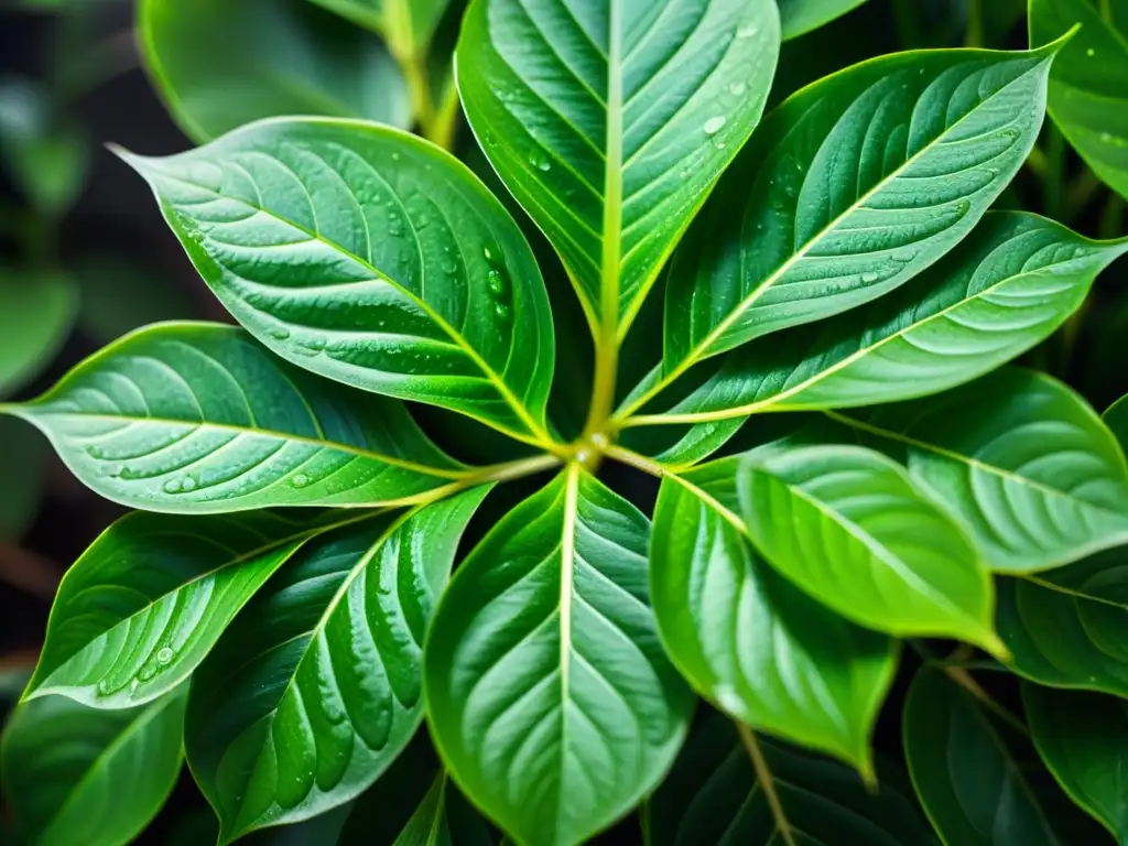 'Hoja de planta de interior con gotas de agua, patrón simétrico y venas detalladas