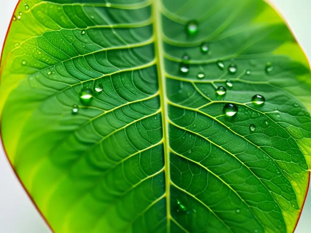 Una hoja de planta de interior con clonación vegetal, mostrando sus venas y gotas de agua, en un fondo blanco