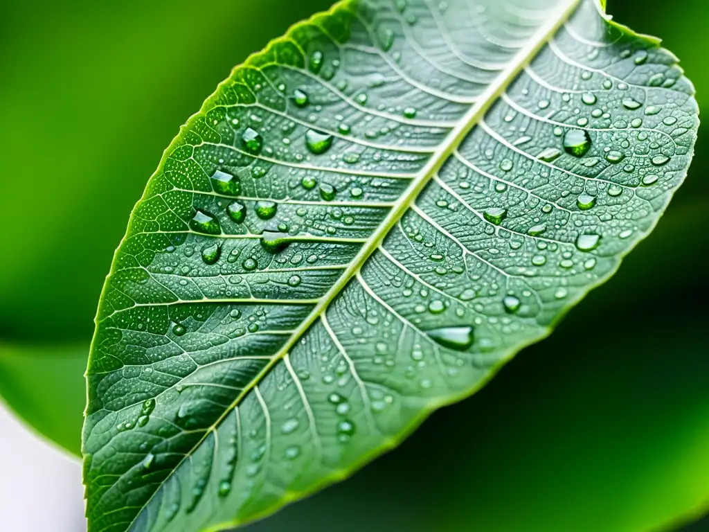 Una hoja de planta de interior verde y vibrante, llena de texturas y patrones, con gotas de agua