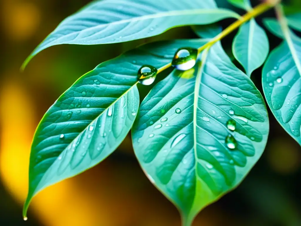 Hoja de planta tropical con gotas de agua, resalta la importancia de la humedad para plantas de interior