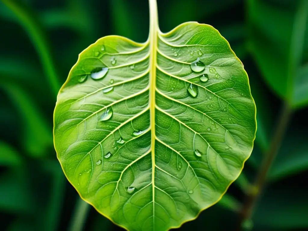 Una hoja de planta verde exuberante, con delicadas venas y gotas de agua