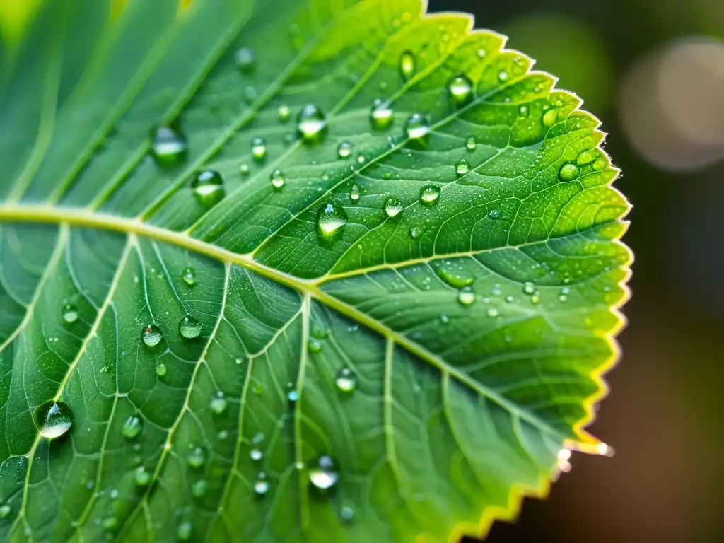 Una hoja de planta verde con gotas de agua, reflejando la importancia del fotoperiodismo en plantas