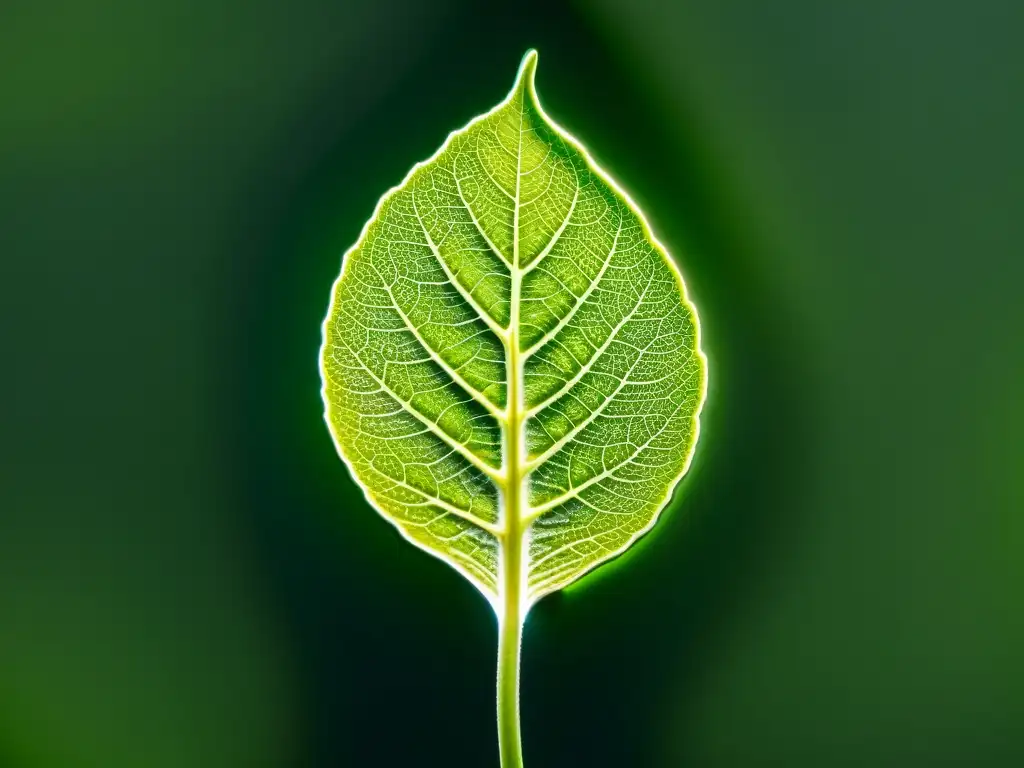 Una hoja de planta vibrante bajo la luz LED de espectro completo, resaltando la eficacia de las bombillas espectro completo para plantas