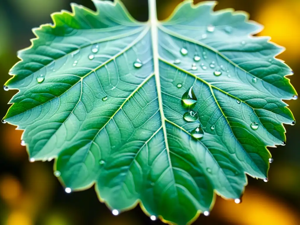 Una hoja en primer plano muestra intrincados patrones de venas y gotas de agua