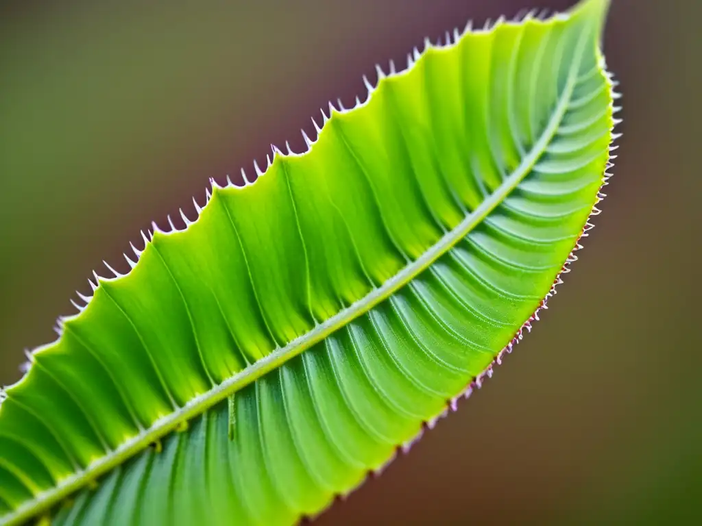 Una hoja saludable de Dionaea muscipula (Venus atrapamoscas) en primer plano, con sus delicados pelos gatillo, color verde vibrante y bordes dentados