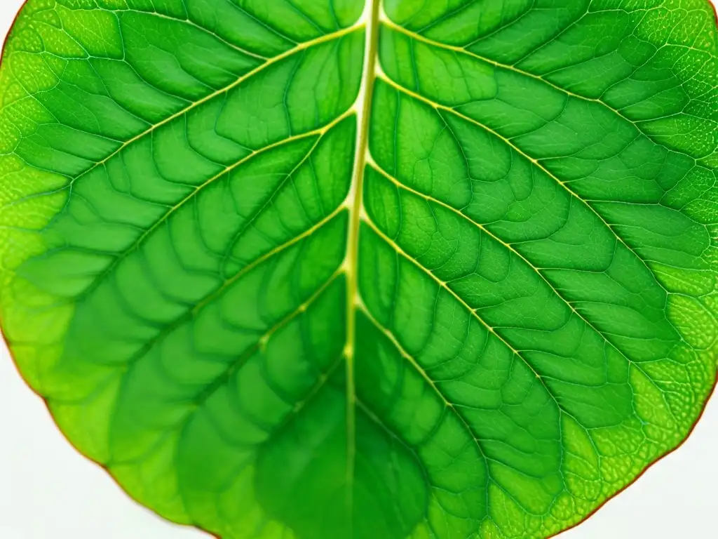 Una hoja sana de Pilea peperomioides en primer plano, con una red de venas intrincada y una textura sutil