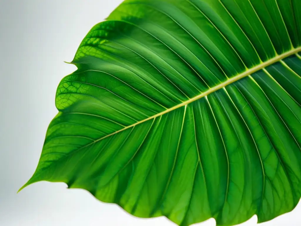 Una hoja tropical verde vibrante en primer plano, con venas detalladas y textura sutil, sobre fondo blanco