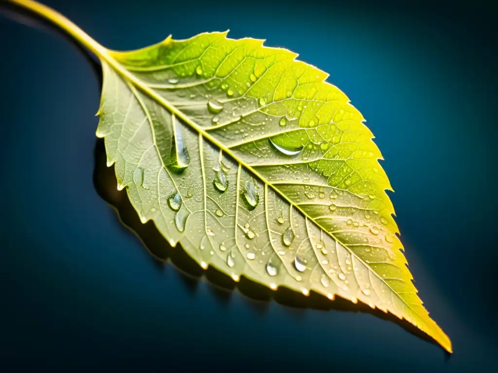 Una hoja única con gotas de agua, iluminada por luz natural