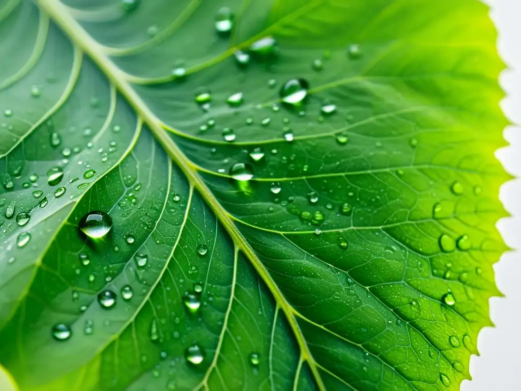 Una hoja verde brillante con diminutas gotas de agua reflejando la luz