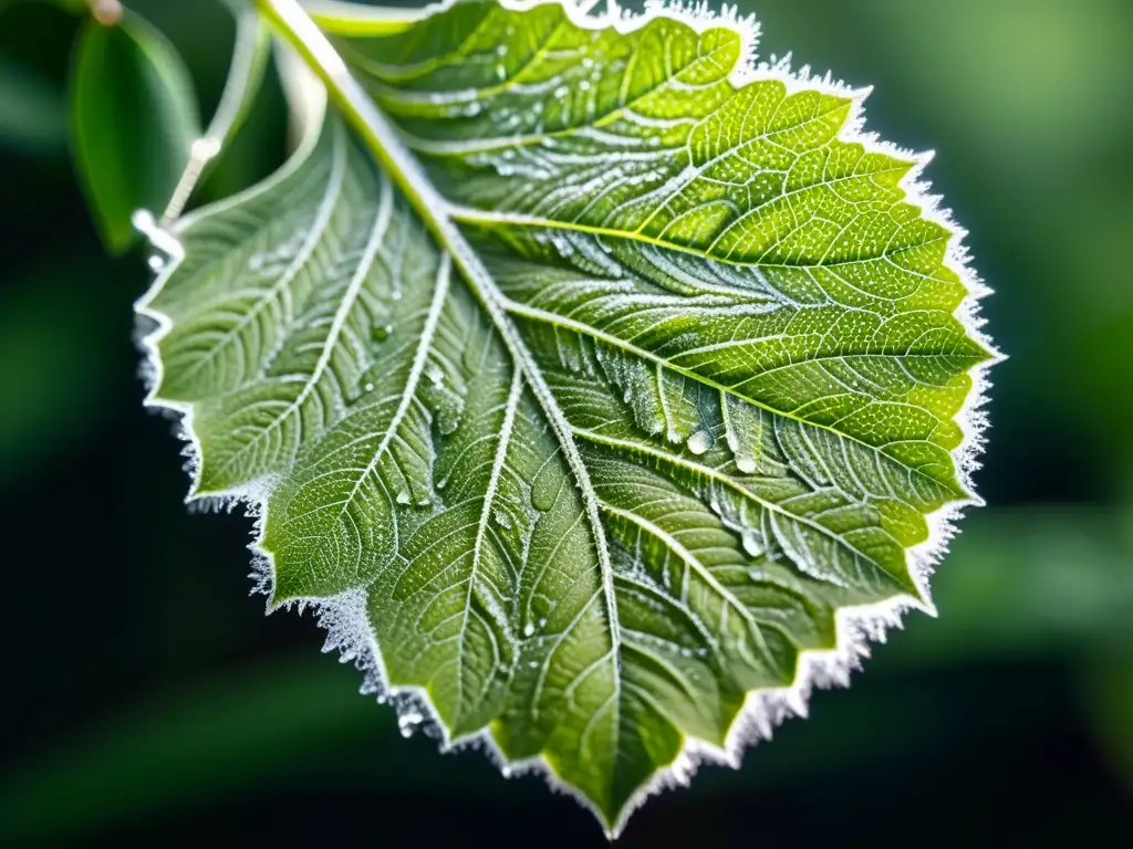 Una hoja verde delicada con cristales de hielo, mostrando la belleza frágil y la capacidad de recuperar planta afectada por frío