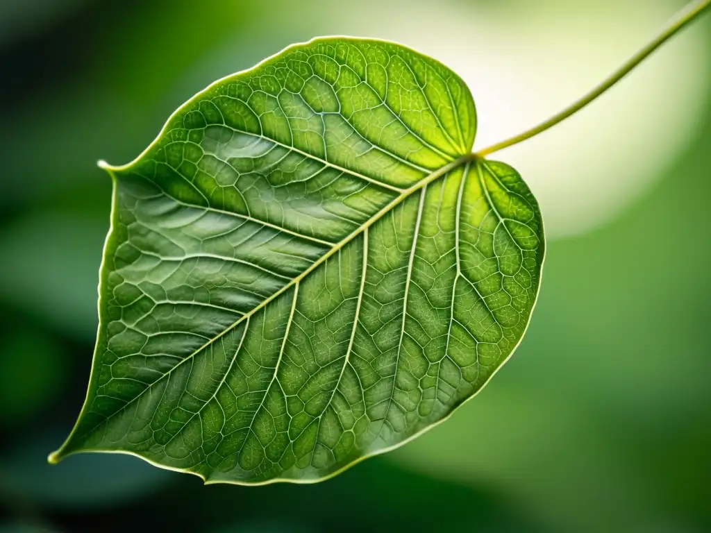 Una fotografía de una hoja verde exuberante bañada en luz natural, con delicadas venas