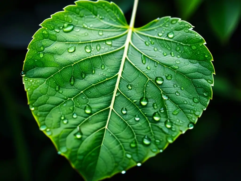 Una hoja verde exuberante, con gotas de agua brillantes, destaca en un fondo oscuro