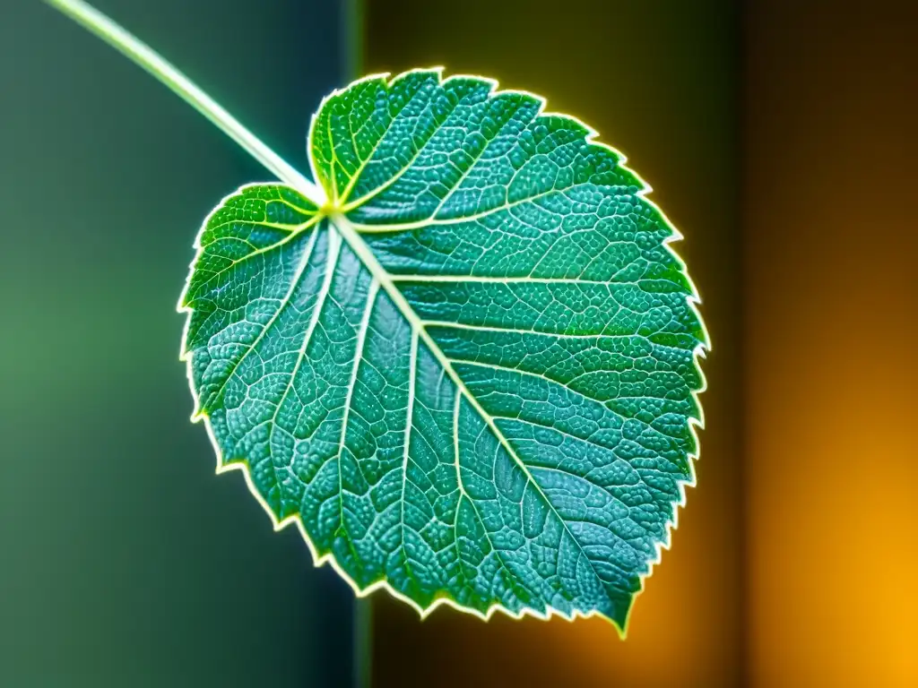 Una hoja verde exuberante iluminada por una suave luz LED, resaltando su color y textura