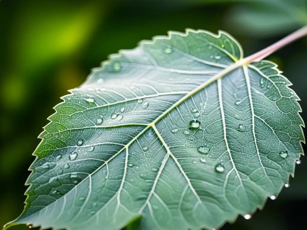 Una hoja verde con gotas de agua bajo la luz suave