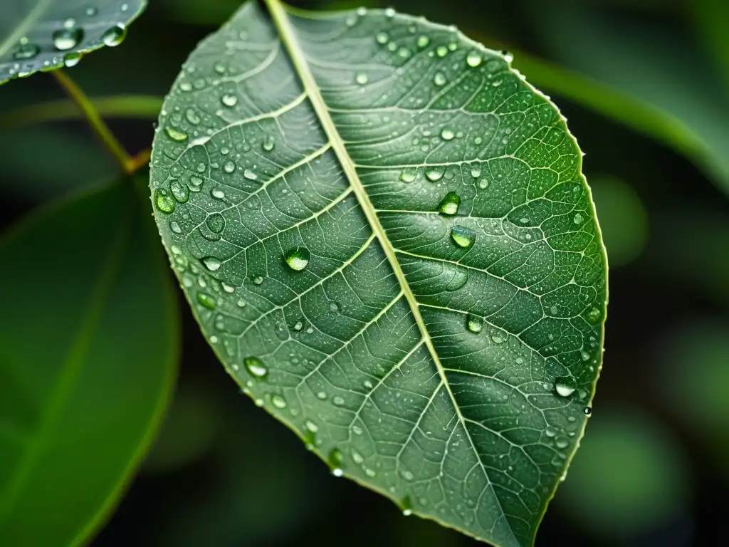 Fotografía de una hoja verde con gotas de agua, resaltando sus venas y texturas