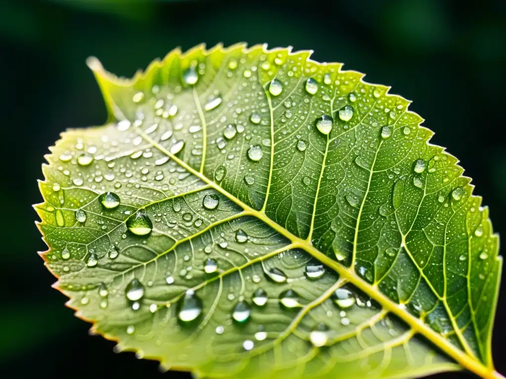 Una hoja verde con gotas de agua brillantes que crean un juego de luces y reflejos