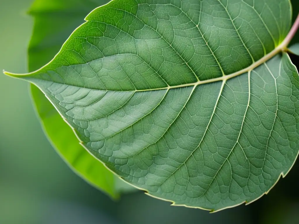 Una hoja verde en primer plano, con detalladas venas y textura, bañada en suave luz natural