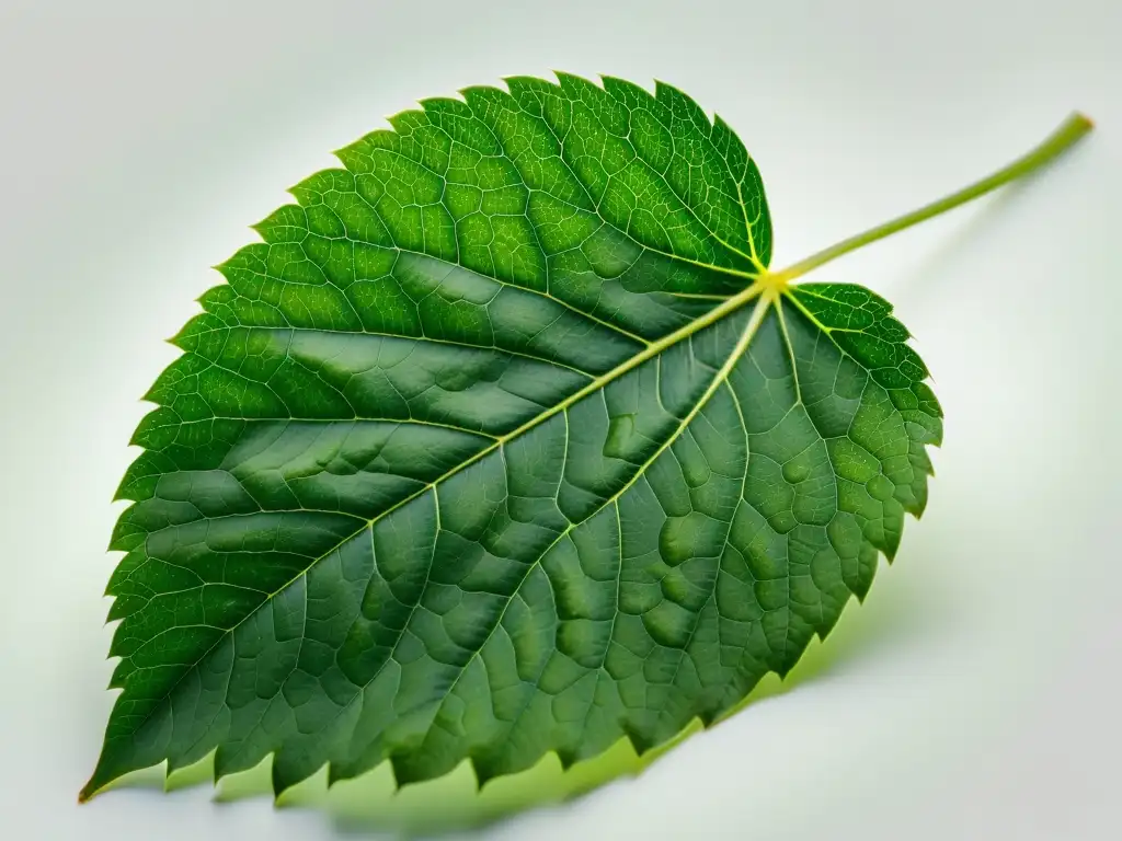 Una hoja verde en primer plano, con venas visibles y sutiles signos de envejecimiento, sobre fondo blanco