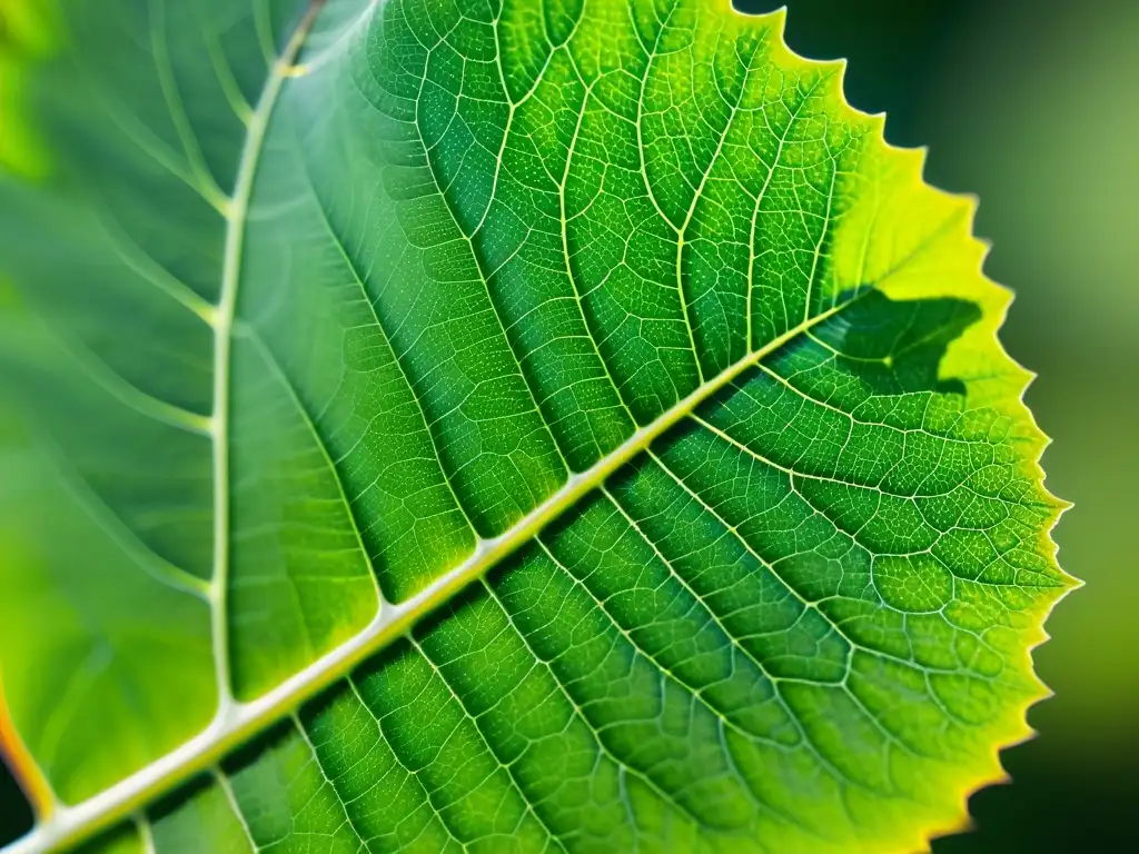 Una hoja verde saludable iluminada por un preciso espectro de luz, revelando su intrincada red de venas y células