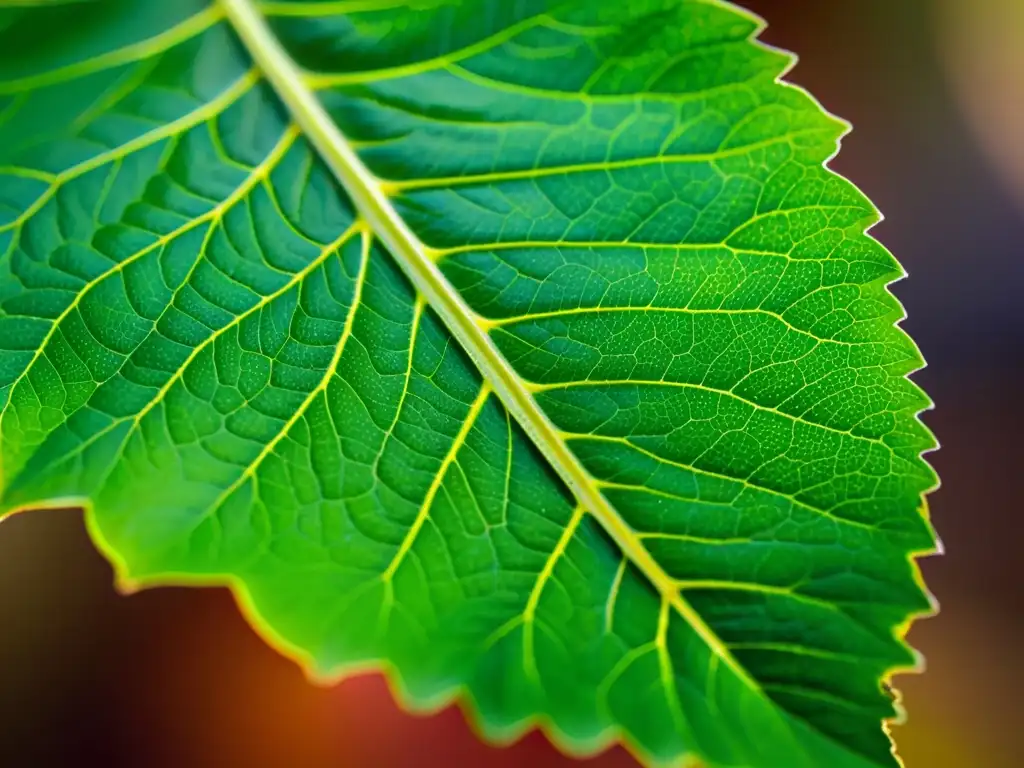 Una hoja verde saludable con patrones y texturas, iluminada por la luz del sol