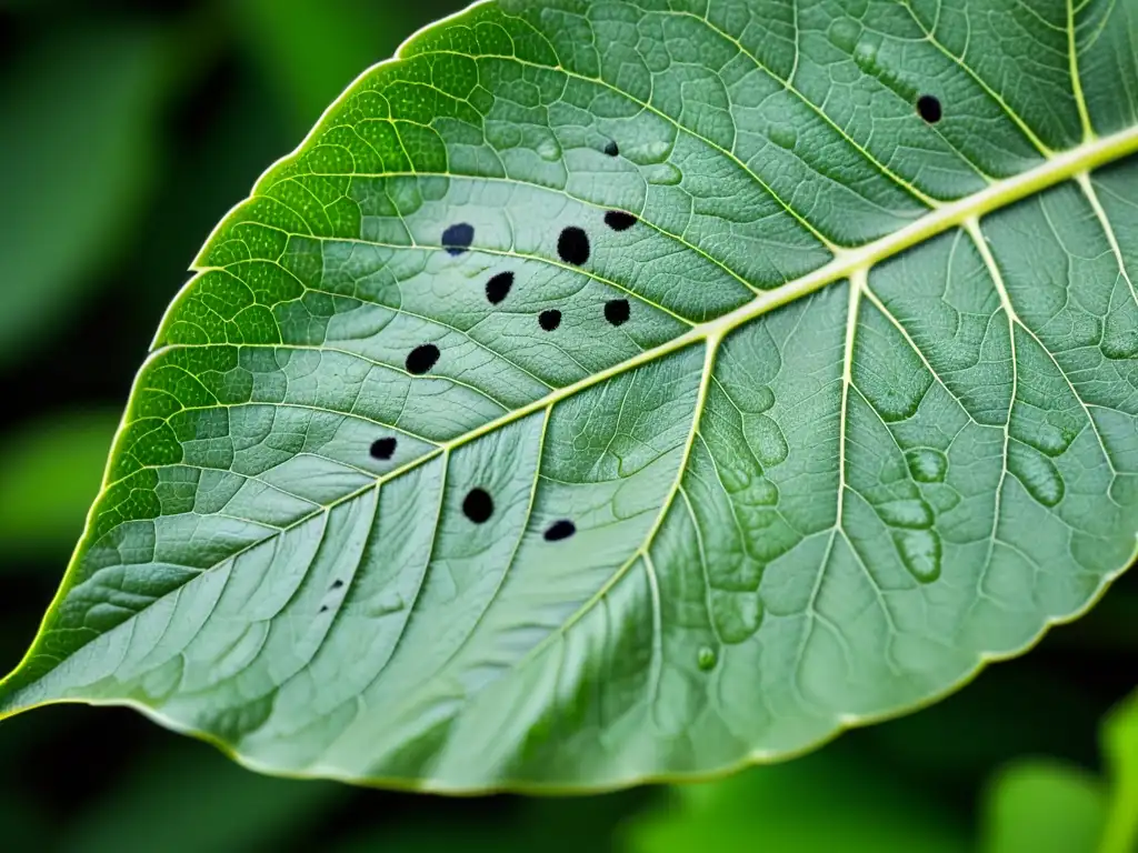 Una hoja verde muestra síntomas de manchas negras, resaltando la necesidad de tratamiento efectivo para manchas negras en plantas