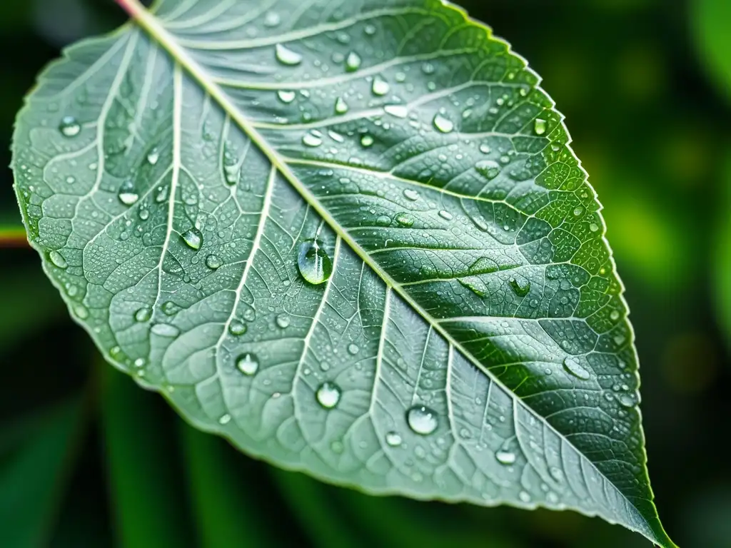 Una hoja verde vibrante con delicadas venas y gotas de agua, resaltando la belleza natural