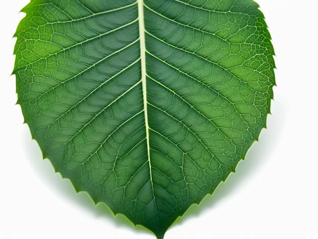 Una hoja verde vibrante con detalles intrincados, sobre un fondo blanco