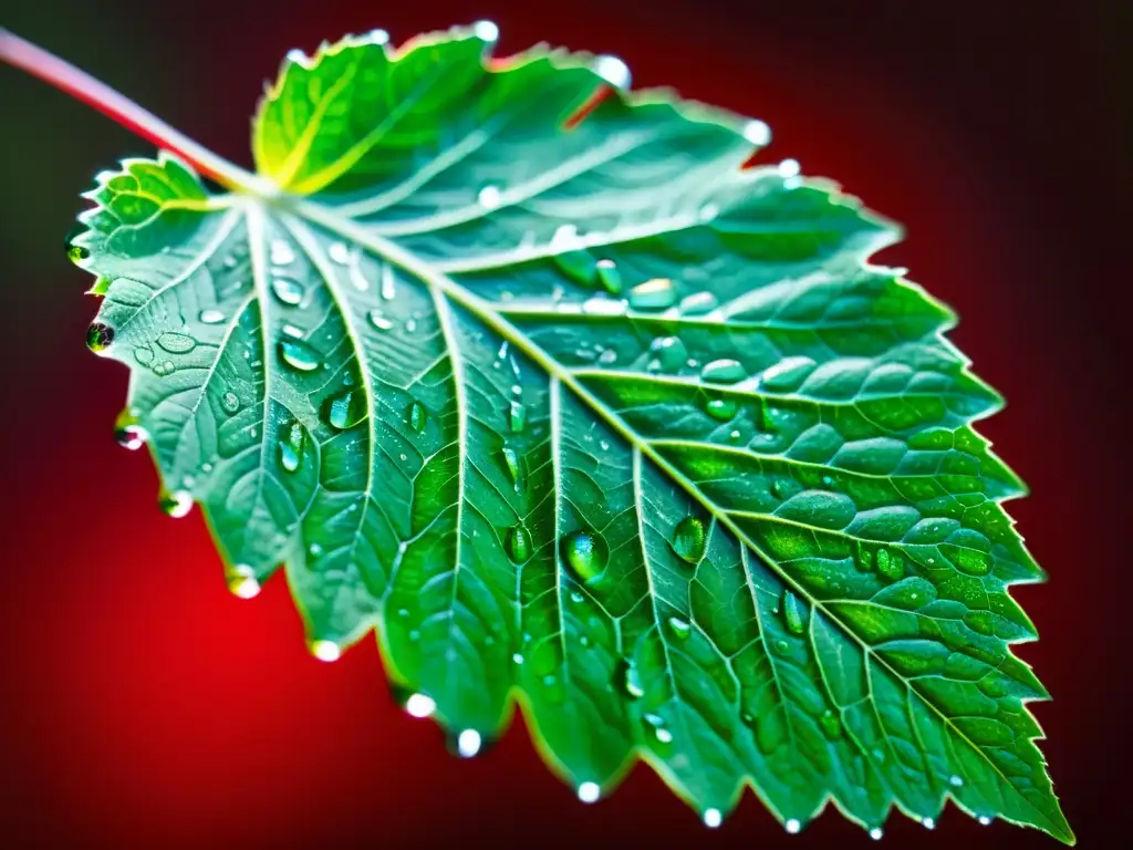 Una hoja verde vibrante con gotas de agua, iluminada por luz LED roja