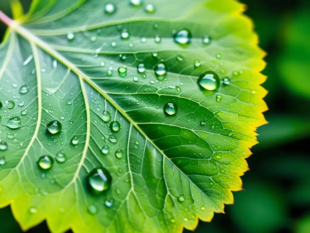 Una hoja verde vibrante con gotas de agua brillantes, creando diminutos arcoíris