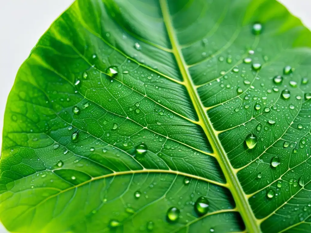 Una hoja verde vibrante con patrones intrincados y delicadas venas, con pequeñas gotas de agua, sobre fondo blanco