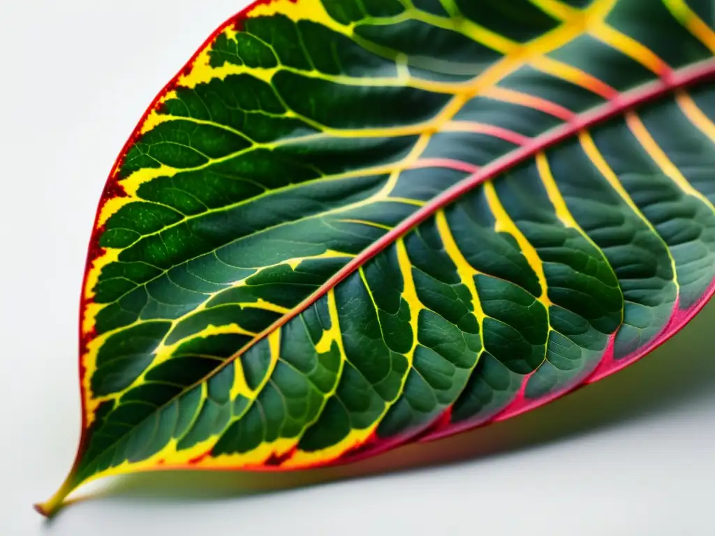 Una hoja de Croton Petra vibrante y detallada en primer plano, con venas coloridas y textura brillante sobre fondo blanco