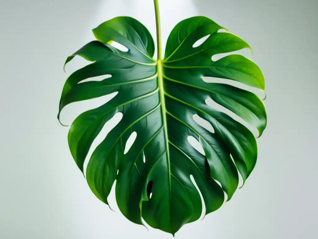 Una hoja vibrante de Monstera Deliciosa capturando la luz solar, con detalles simétricos y un brillo natural