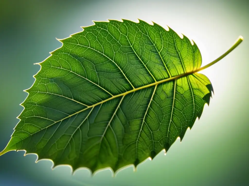 Una hoja vibrante con texturas intrincadas iluminada por luz natural, evocando calma y detallando técnicas edición imágenes plantas vibrantes