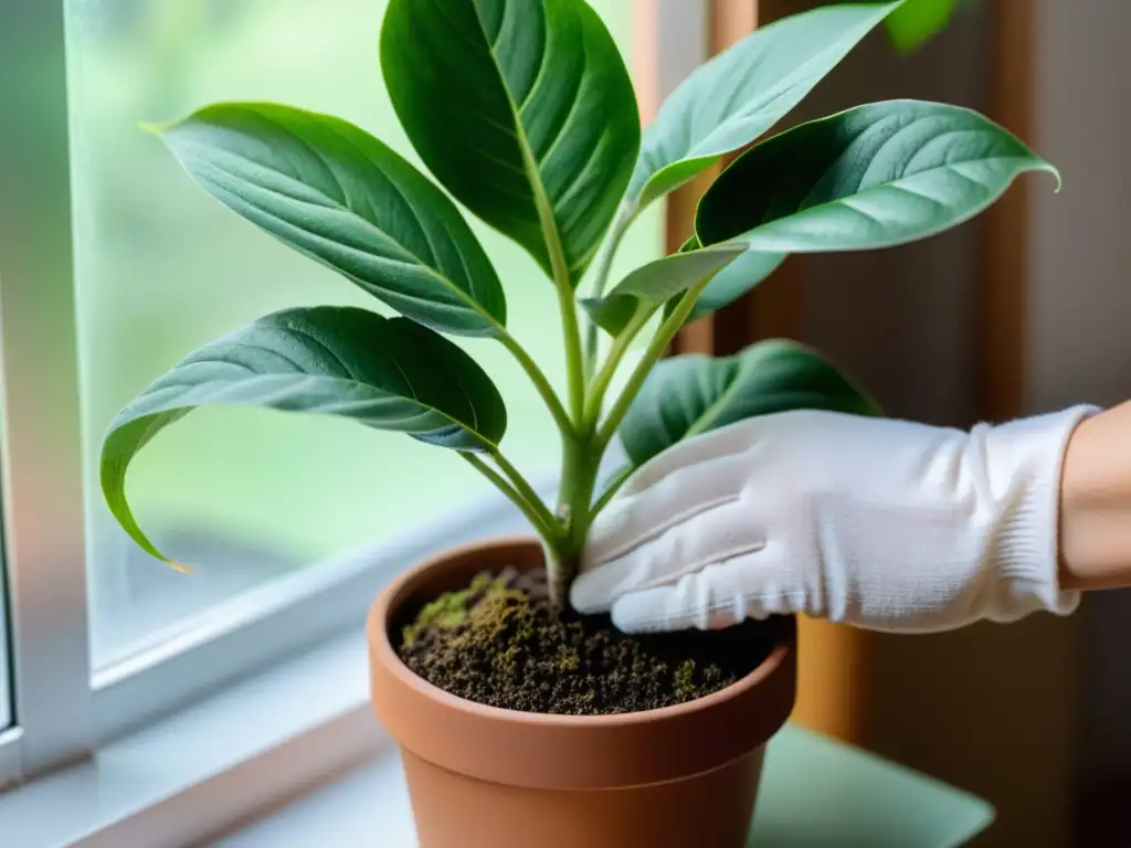 Cuidadosamente limpiando hojas vibrantes, cultivar plantas de interior sin químicos