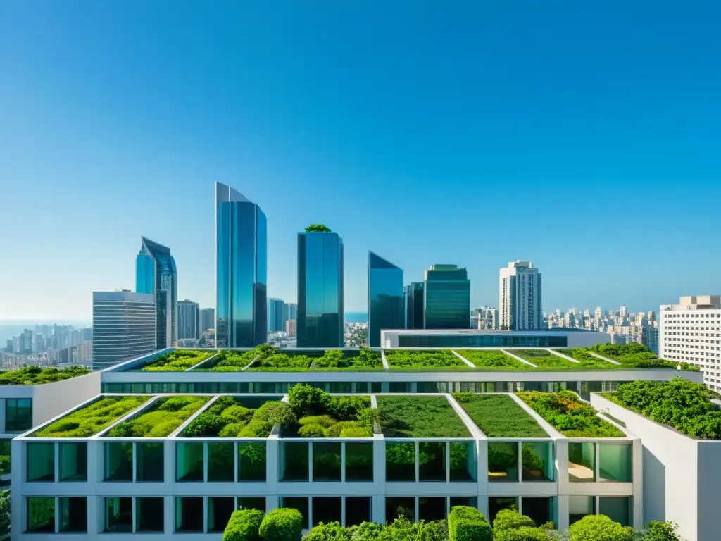 Un horizonte urbano moderno con techos verdes creando un paisaje sereno