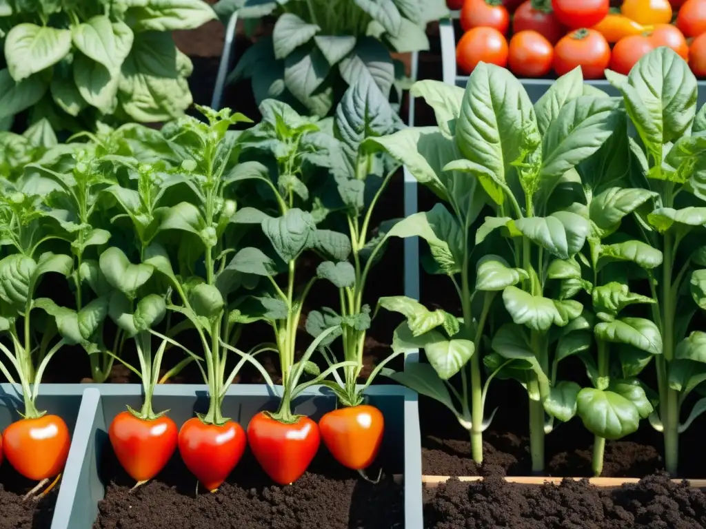 Cultivar hortalizas en casa: un jardín urbano con filas ordenadas de tomates, pimientos, zanahorias y lechugas