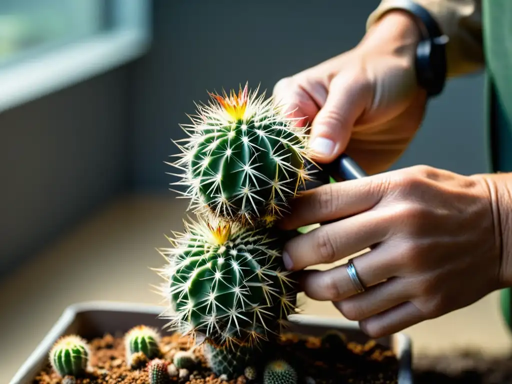 Un horticultor experto realiza cuidadosos injertos de cactus para coleccionistas, destacando la precisión y la técnica