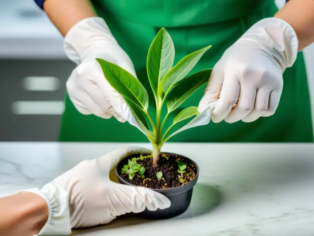 Experto en cultivo: Técnica precisa de injerto de plantas Un horticultor experto con guantes blancos realiza un meticuloso injerto de plantas de interior