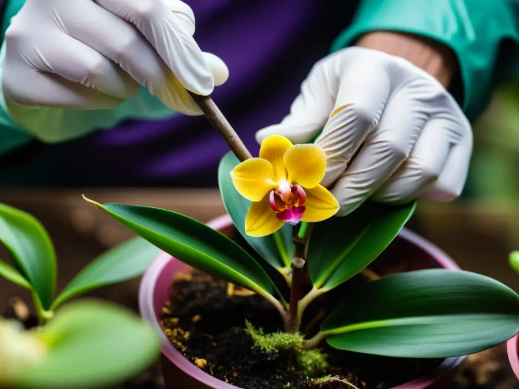 Un horticultor experto realiza injertos en orquídeas exóticas con cuidado y precisión, resaltando la meticulosidad de este arte floral