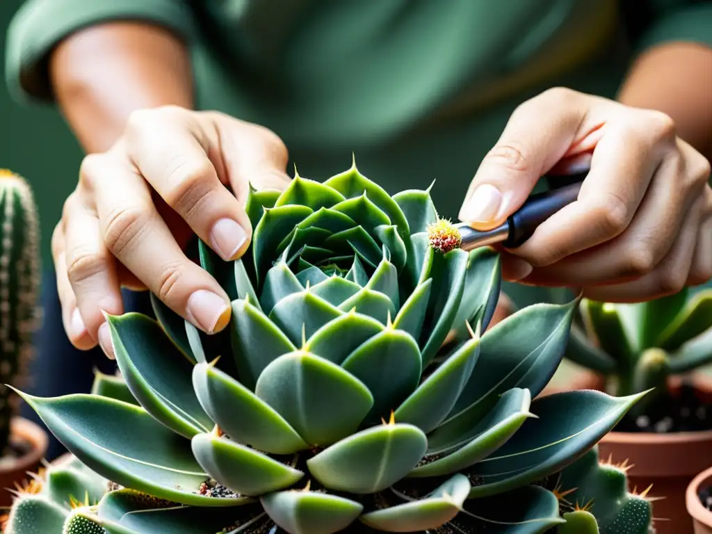 Un horticultor habilidoso realiza injertos de cactus y suculentas en interiores, mostrando precisión y arte en el proceso