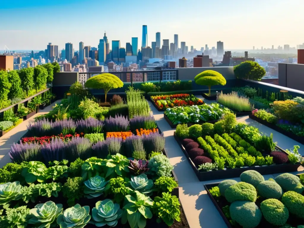 Cultivar huerto comestible en alturas: Jardín exuberante con vegetales y flores, bajo el sol, contrastando con la ciudad