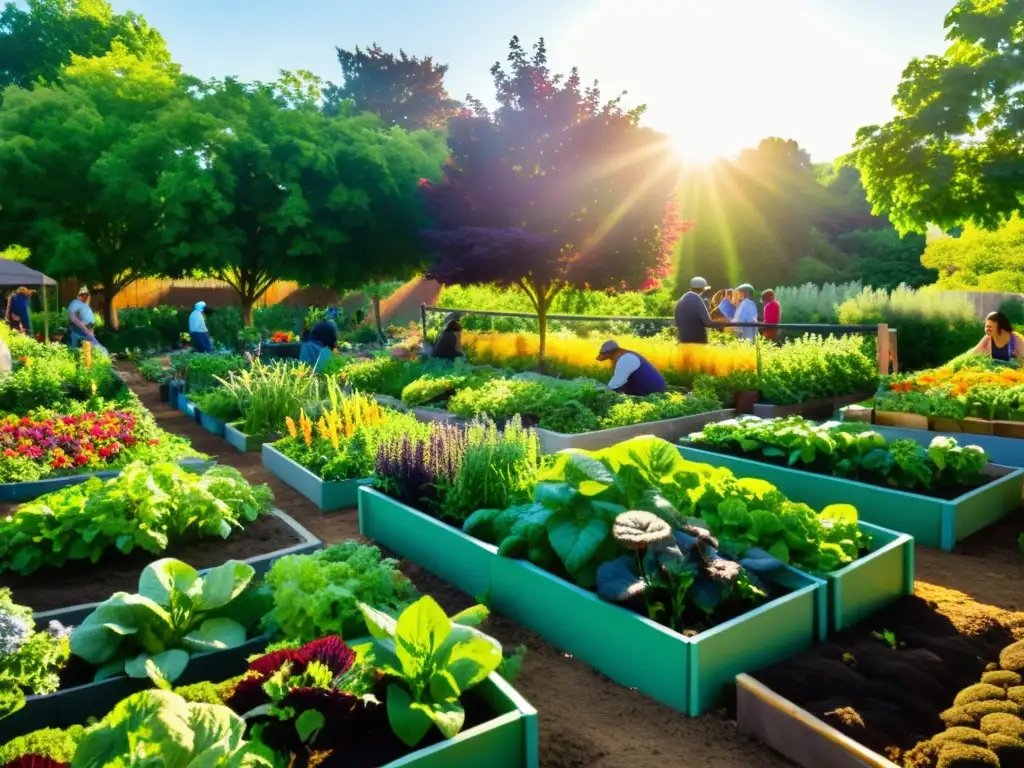 Un huerto urbano comunitario cuidado plantas rebosante de vida, color y armonía entre personas y naturaleza