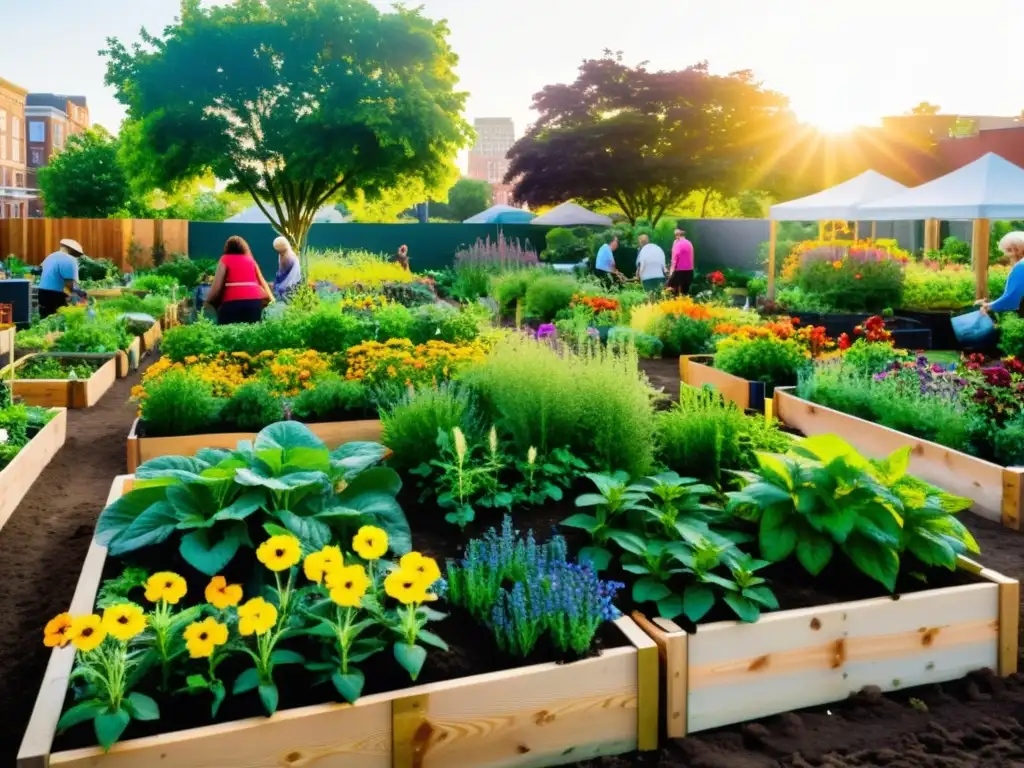 Un huerto urbano comunitario cuidado plantas, donde personas de todas las edades y orígenes trabajan juntas en un ambiente sereno y acogedor, contrastando con la vida urbana